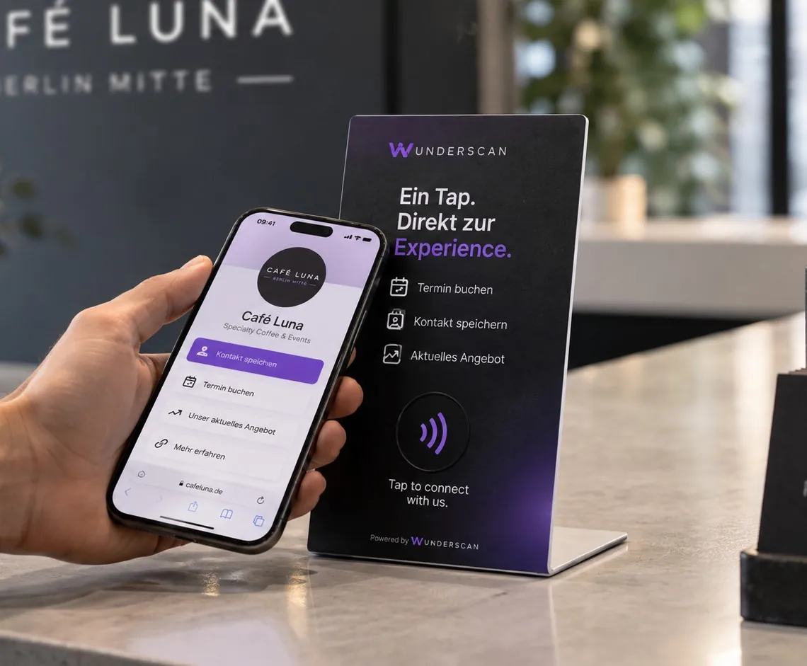 Wunderscan NFC-Aufsteller im Einsatz mit digitaler Anwendung auf einem Smartphone