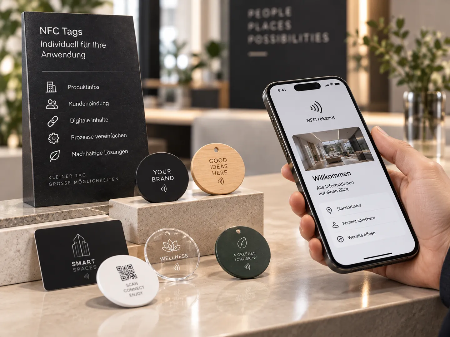 Individuelle NFC-Tags in verschiedenen Formen und Materialien