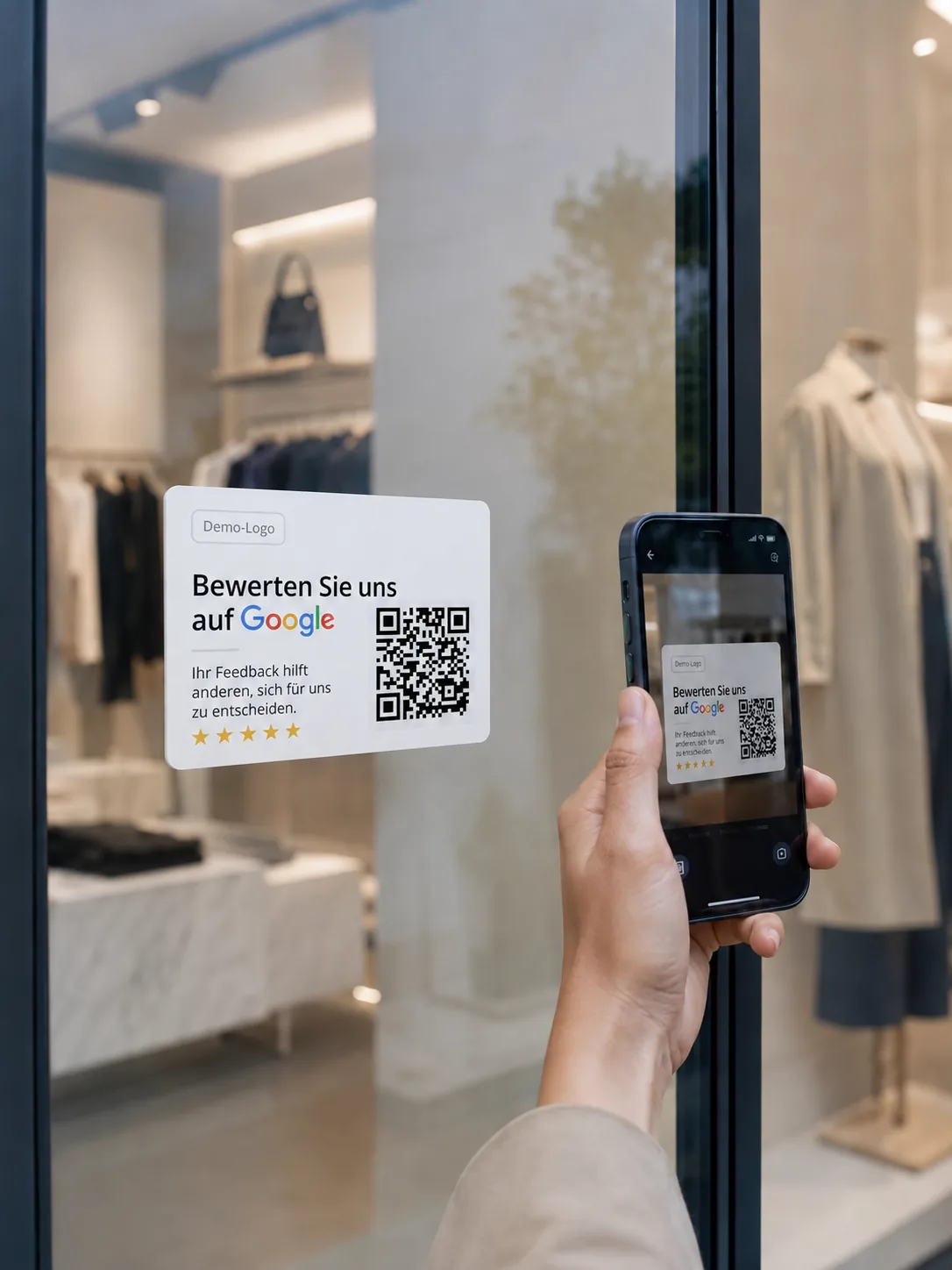 Kunde scannt den QR-Code eines professionellen Google Bewertungs-Stickers