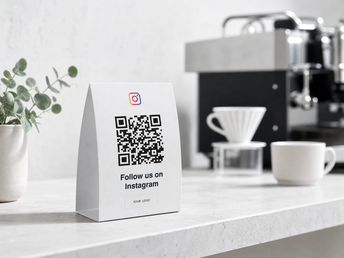 Café guest scanning a premium QR table stand to follow on Instagram