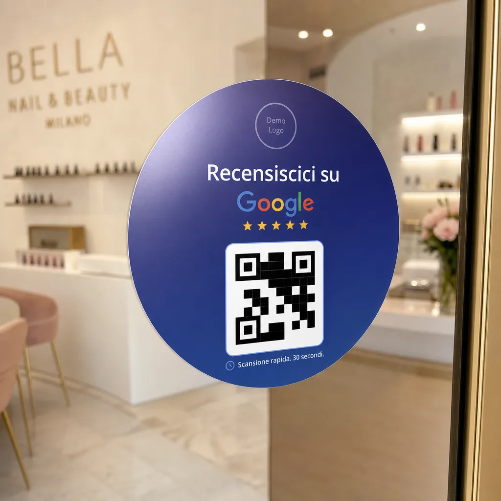 Clean Google review sticker on a beauty salon glass door