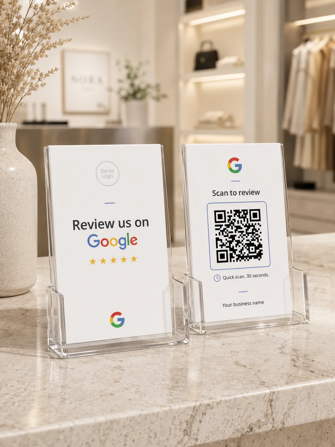 Google Review Flyer on a premium acrylic stand