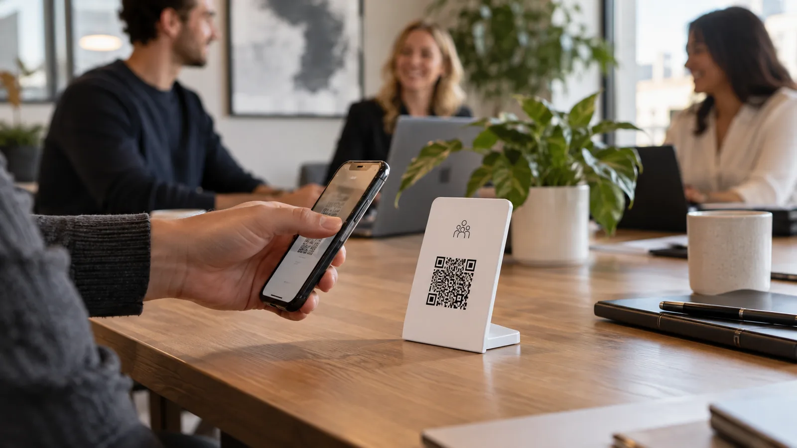 Team using a Wunderscan QR touchpoint in the office