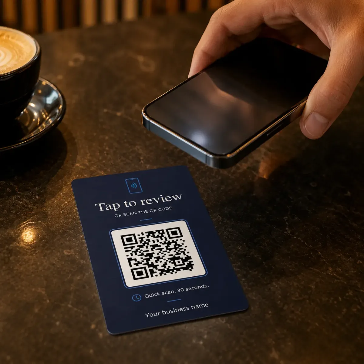 Customer tapping an NFC review card with a phone