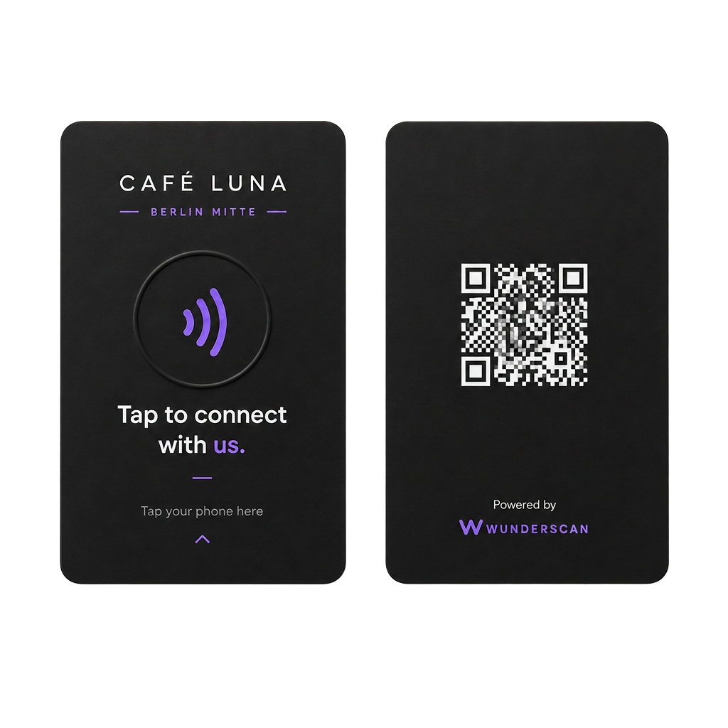 Wunderscan NFC Card in Schwarz, Vorder- und Rückseite