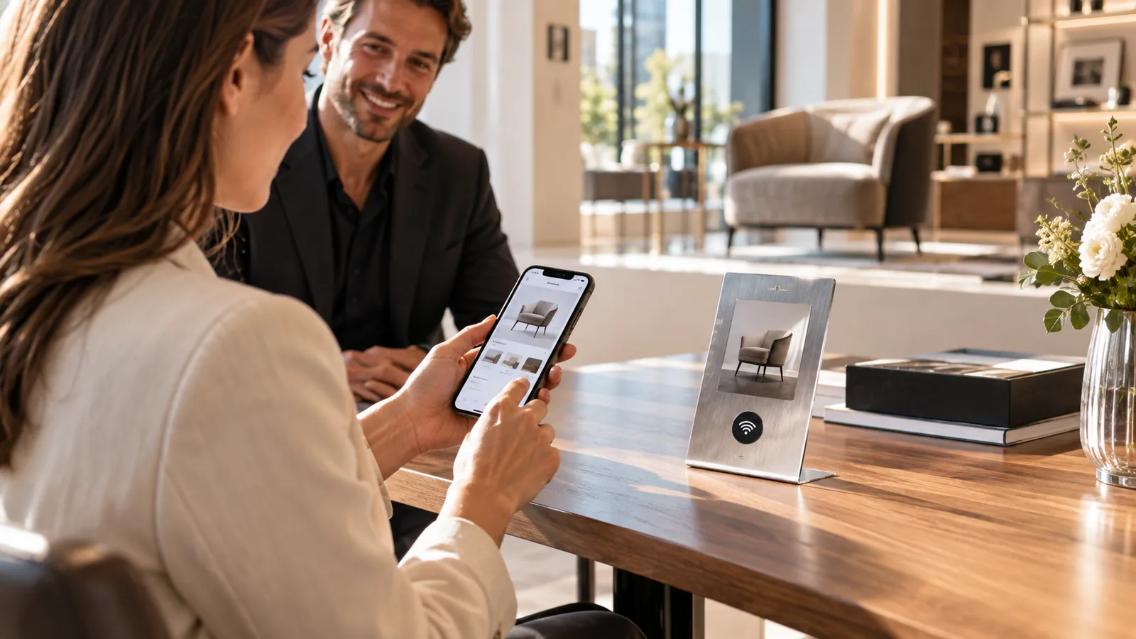 Customer using a Wunderscan NFC stand at a branch