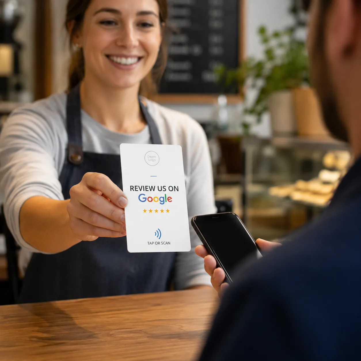 Customer tapping an NFC review card with a phone