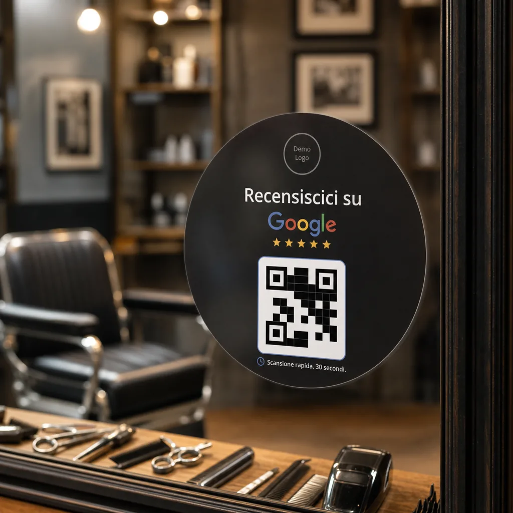 Clean Google review sticker on a barbershop mirror