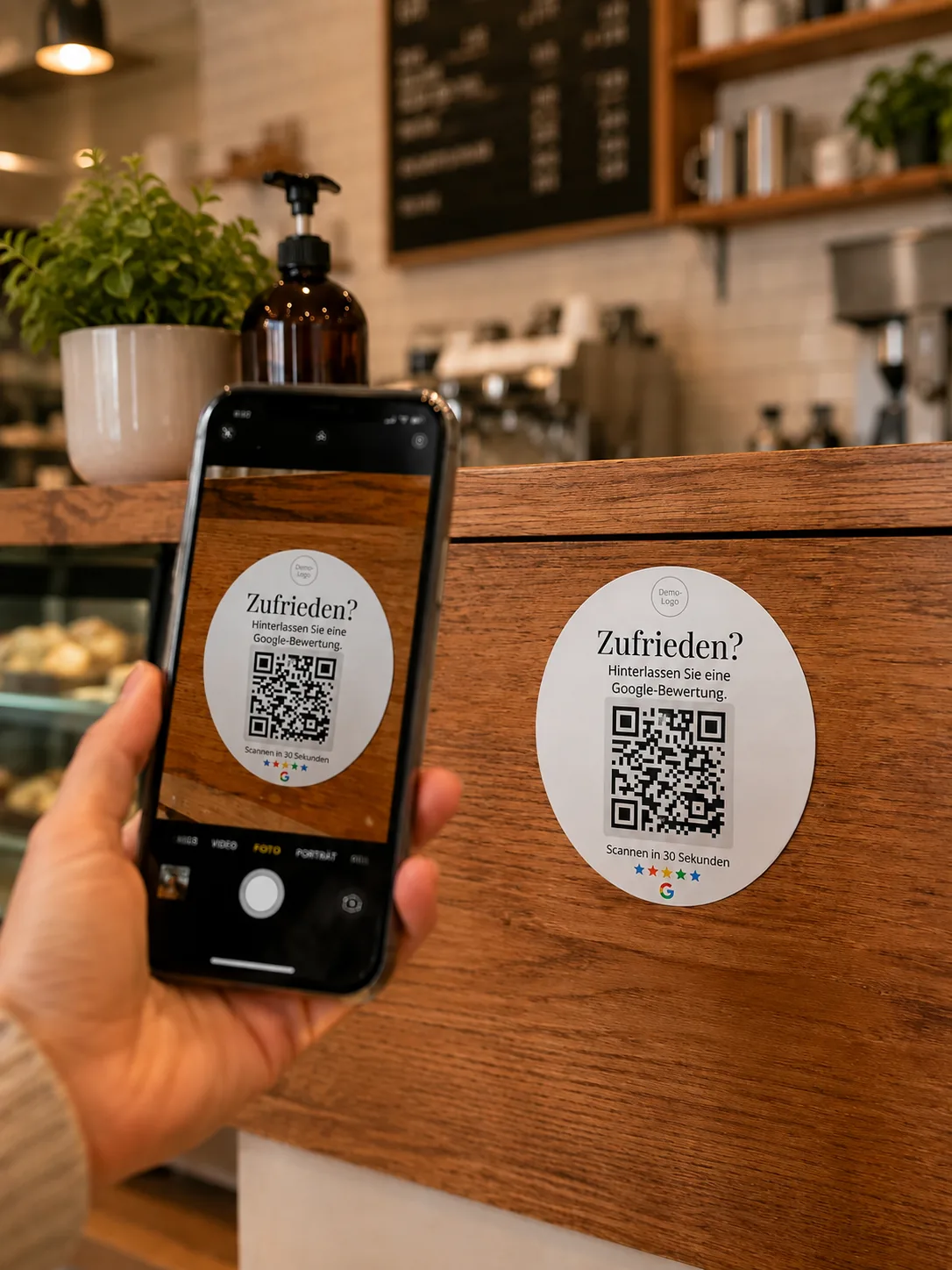 Kunde scannt den QR-Code eines Fancy Google Bewertungs-Stickers
