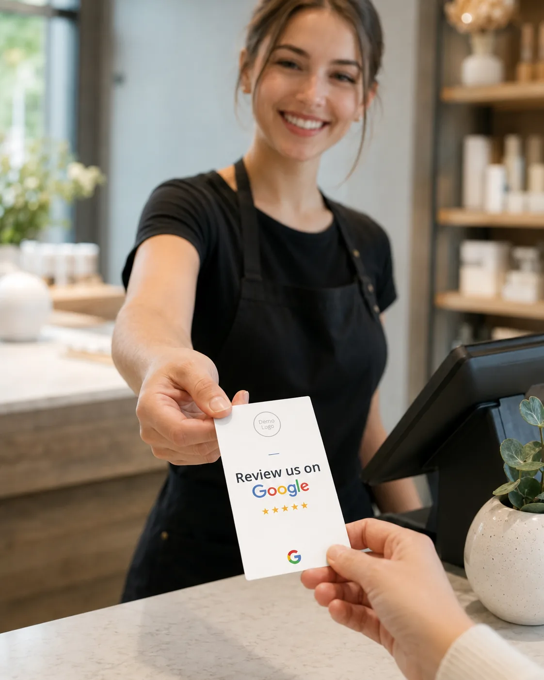 Mitarbeiterin überreicht einem Kunden eine Clean Google Bewertungskarte