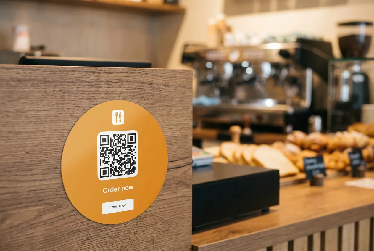 Customer tapping a mirror sticker for digital menu