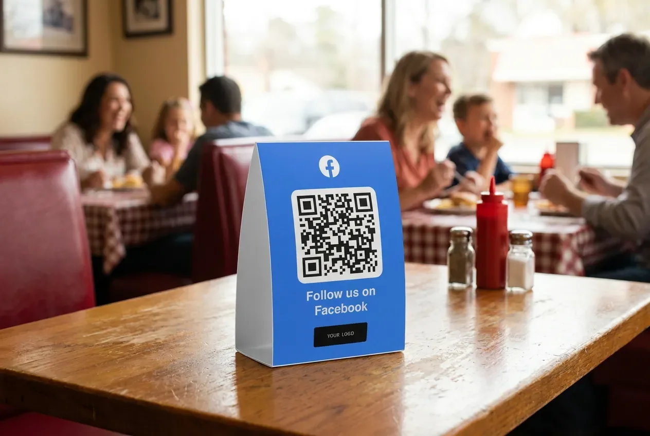 Premium QR table stand on a restaurant table linking to a Facebook page