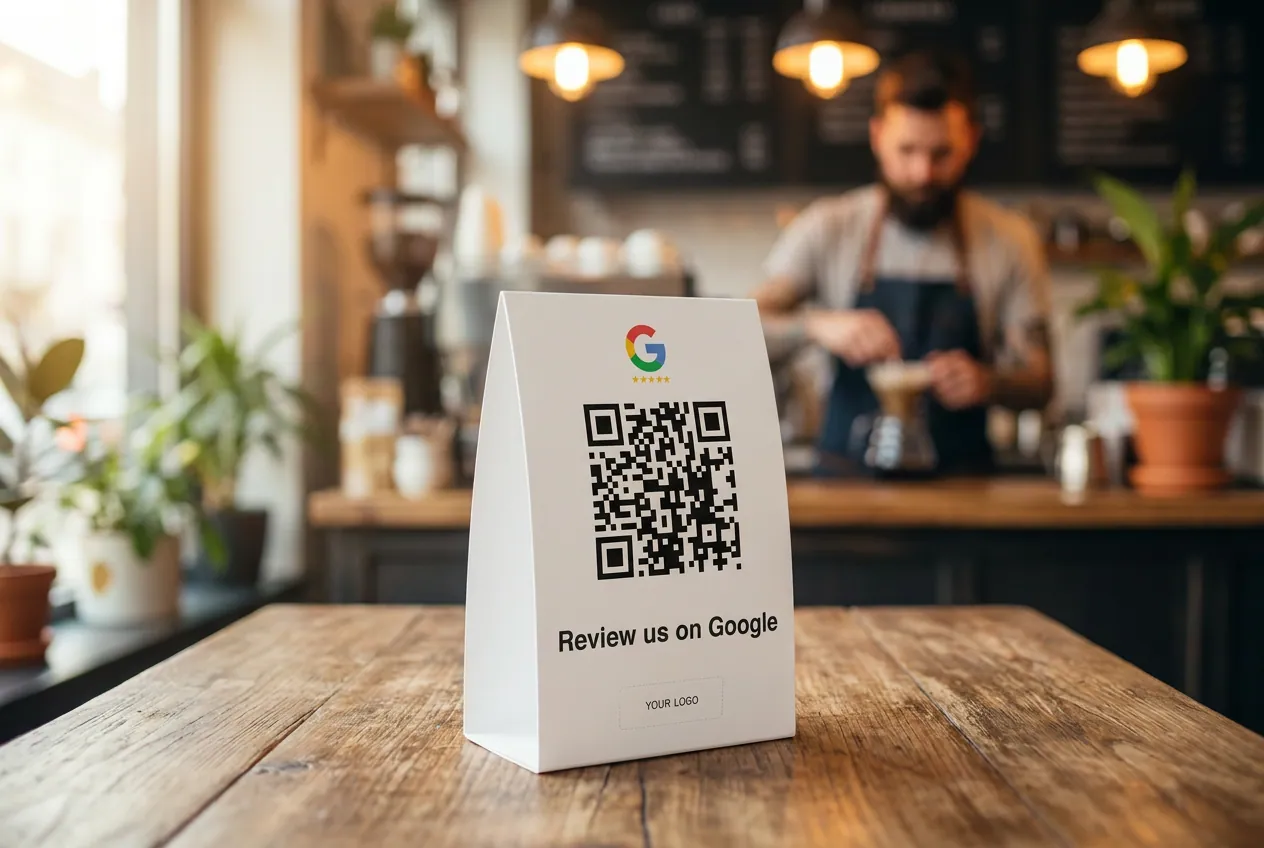 Wunderscan business cards, stickers, large cards and table stand on a clean surface