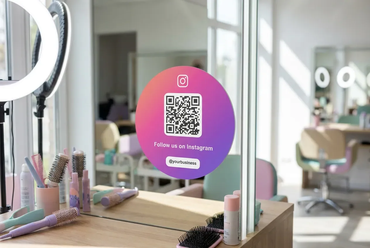 Salon client tapping a mirror sticker to follow on Instagram
