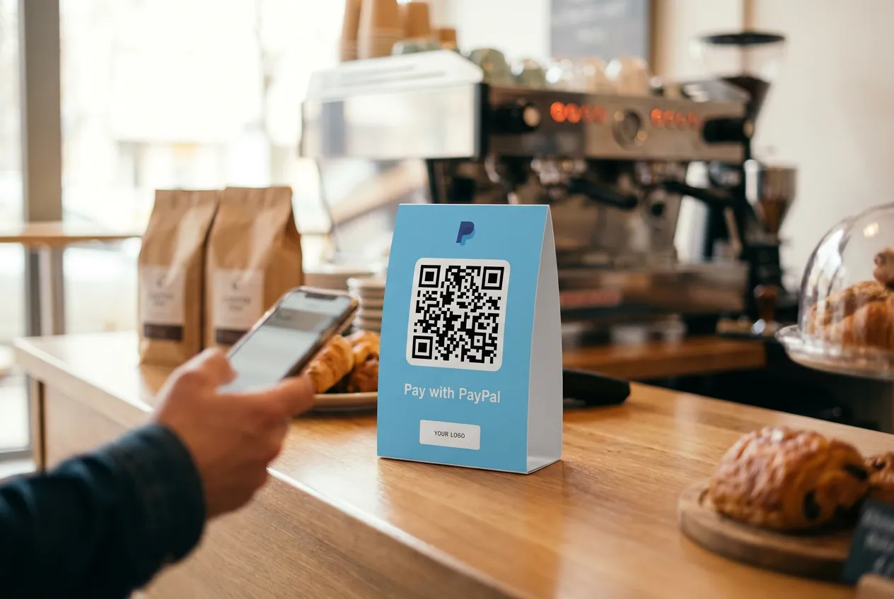 Café guest using a PayPal payment touchpoint