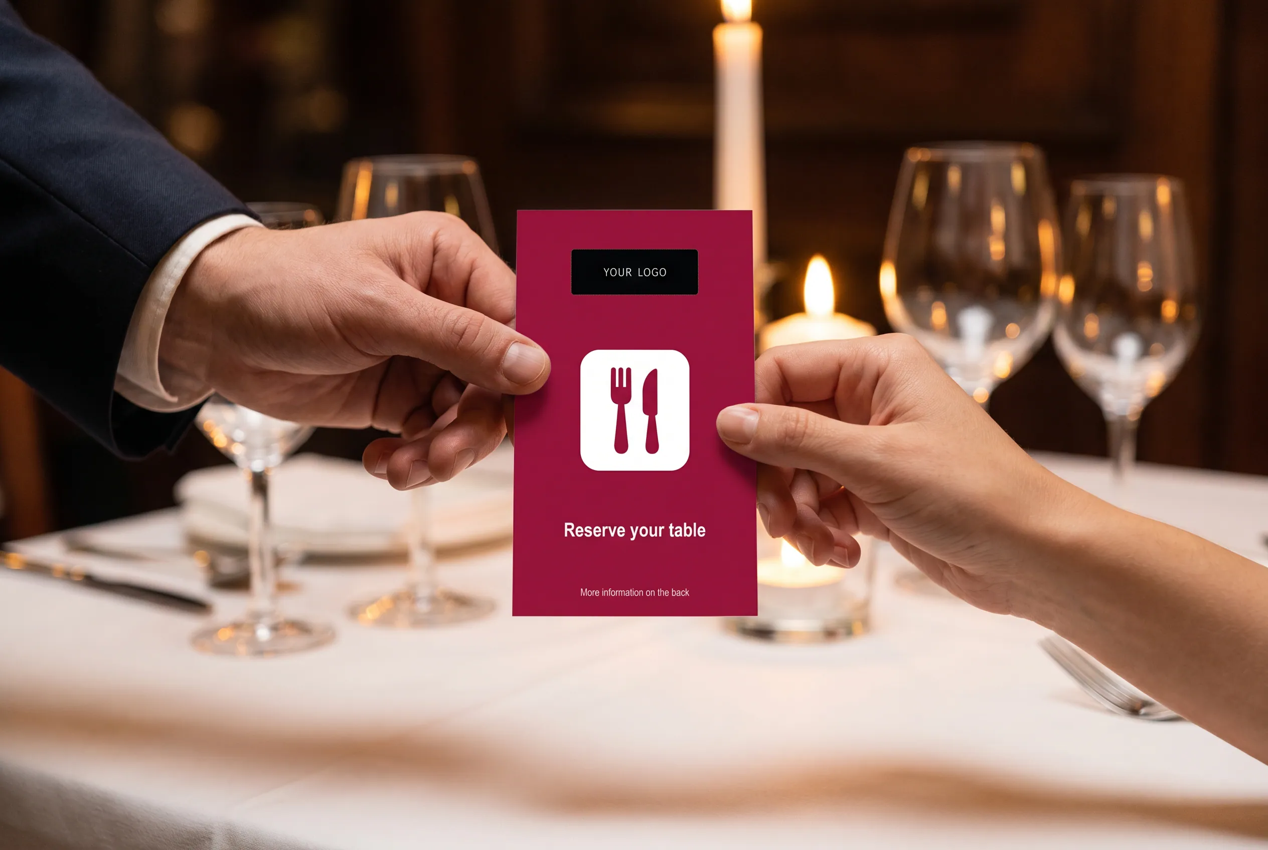 Concierge handing a QR card with Quandoo reservation link