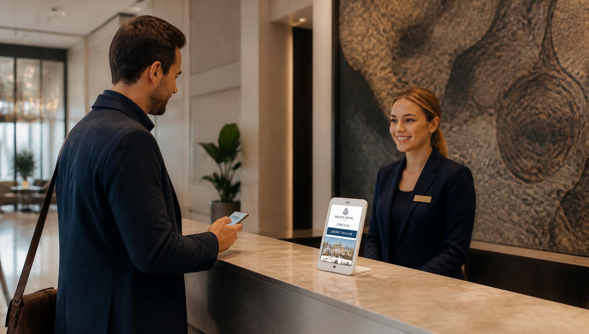 A Wunderscan Display on a hotel reception counter while a guest checks in