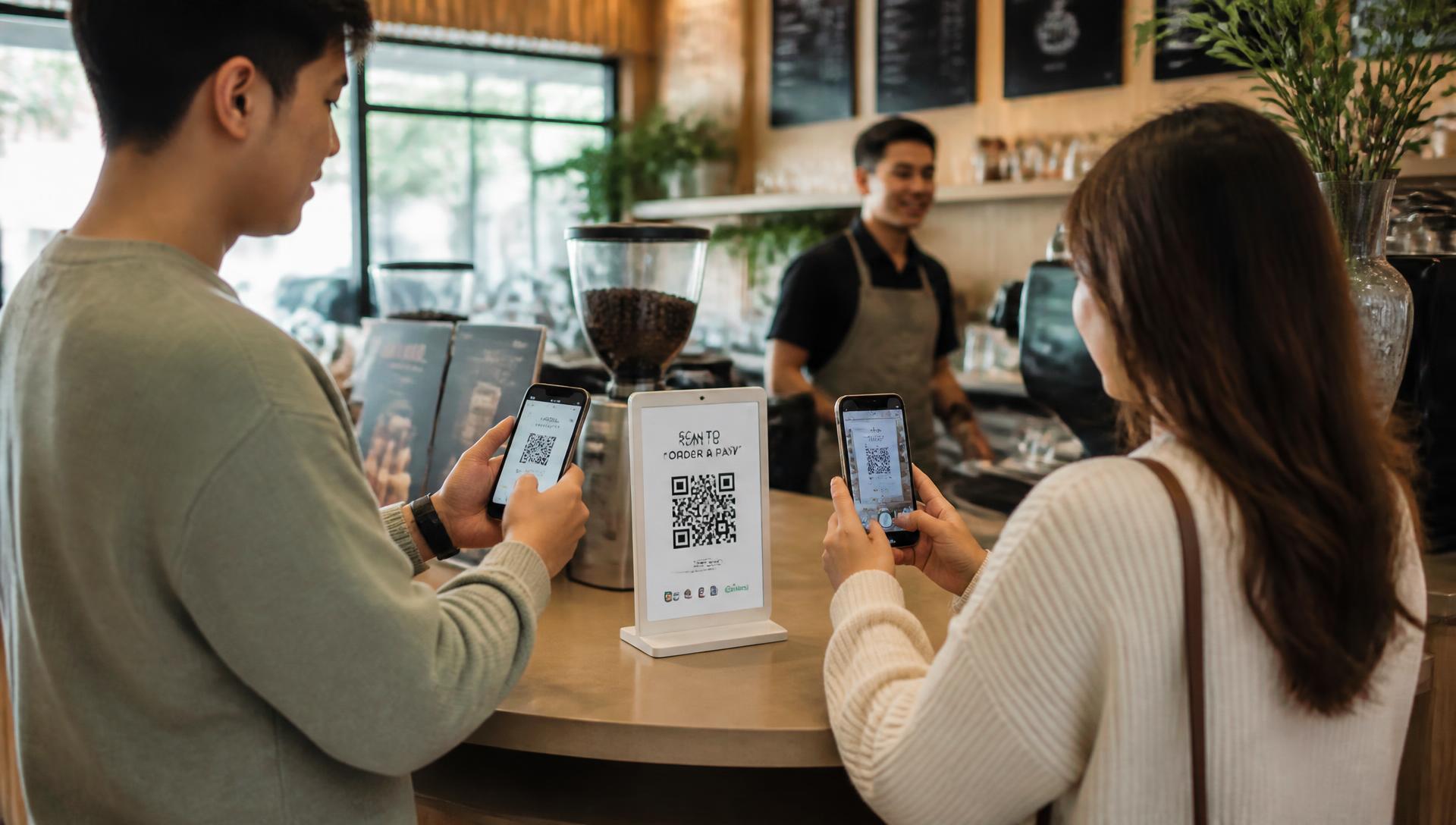 Customers at a café counter scanning a Wunderscan Display with their phones