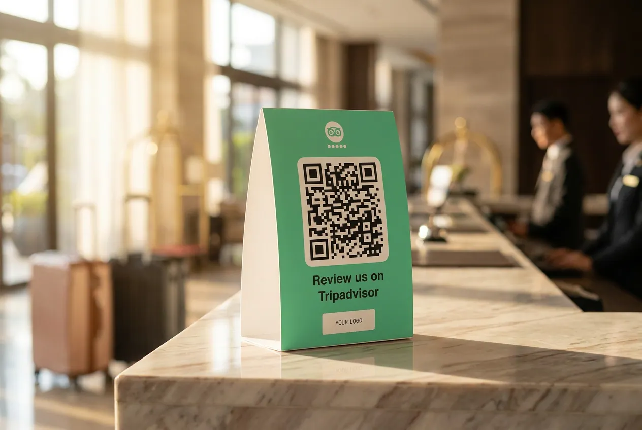 Premium clinic reception — The front desk becomes a 5-star review